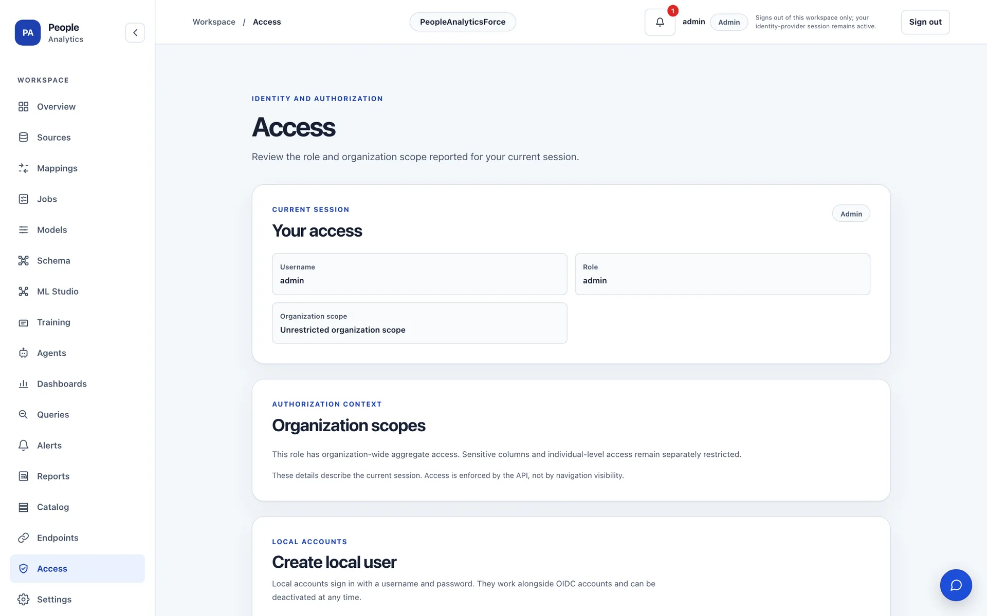 Workforce Observatory — access control with role-based scopes and organization policies