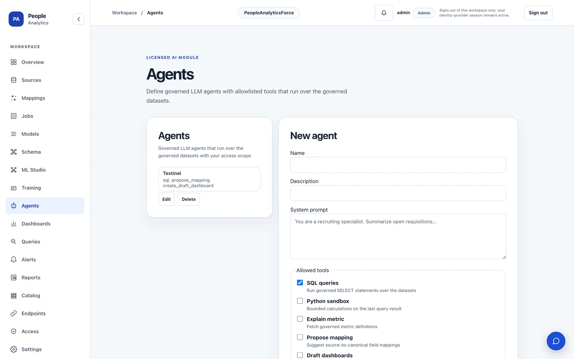 Workforce Observatory — governed AI agents with allowlisted tools over governed datasets