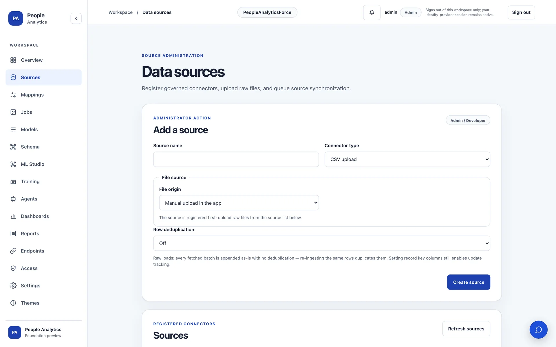 Workforce Observatory — connected HR data sources with scheduled sync status